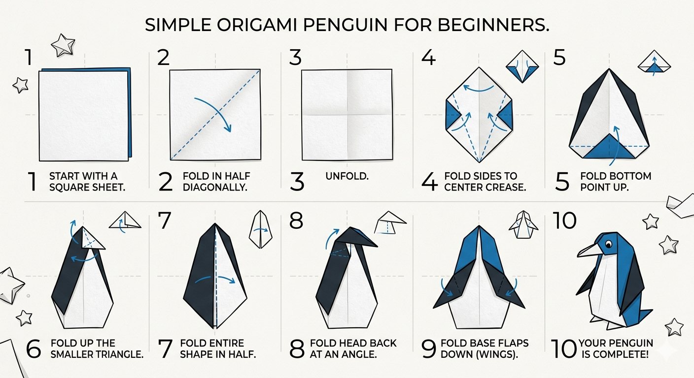 Simple Origami Penguin step-by-step diagram showing all 10 folding steps